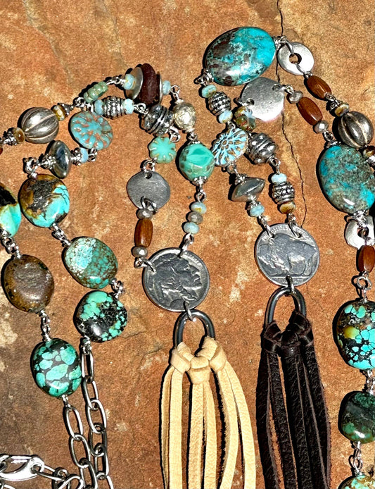 Pueblo Sequence Buffalo Nickel, Leather Tassel Necklace: Chocolate Brown
