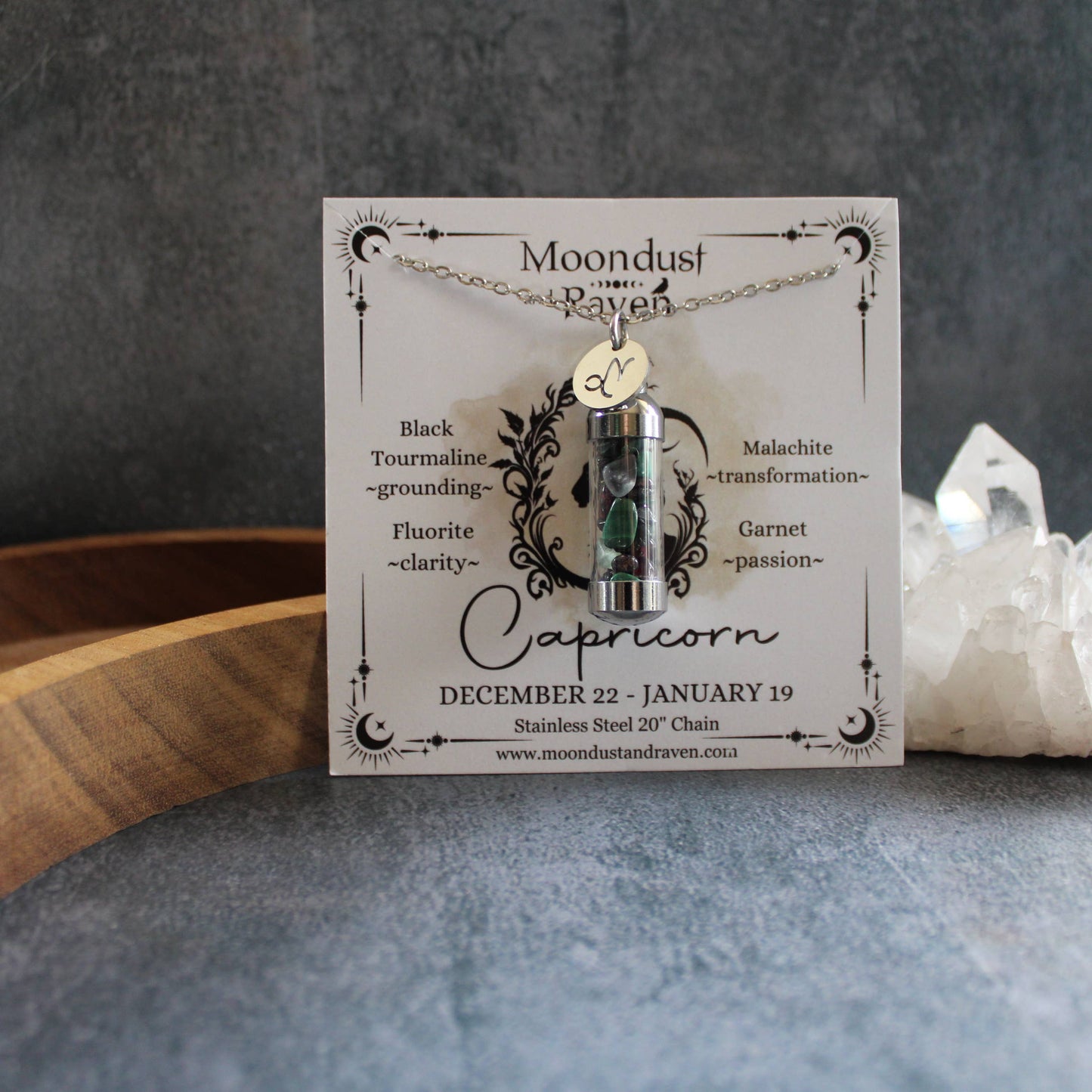 Capricorn Crystal Vial Necklace, Zodiac Astrology Gift
