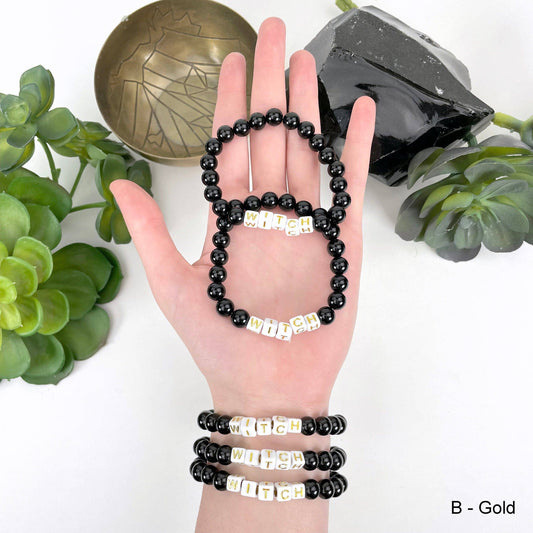 Black Obsidian Beaded Bracelet with "WITCH" Letter Beads - B: B - White Bead Gold Lettering