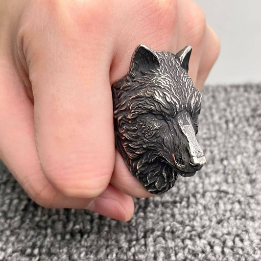 Wolf Head Smear Blackening Stainless Steel Ring