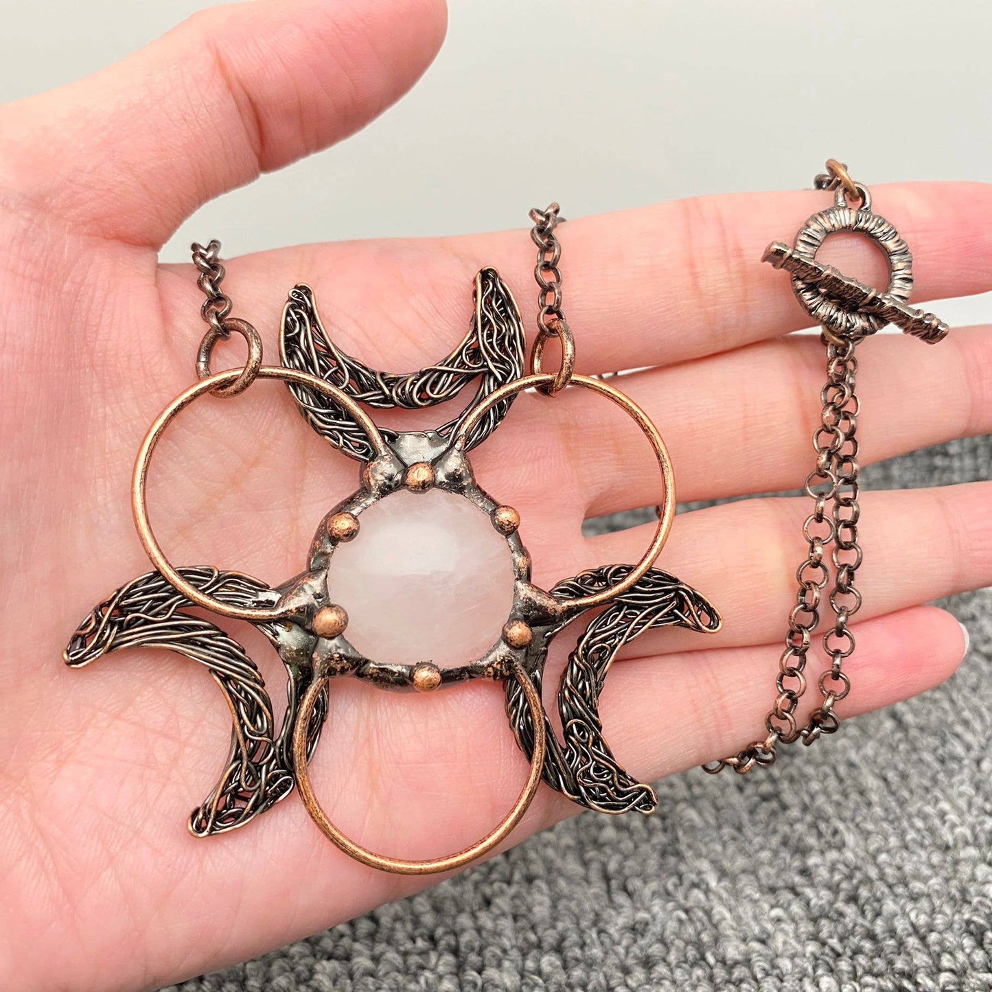 3 Crescent Moons Round Powder Crystal Charm Necklace - CS/MS