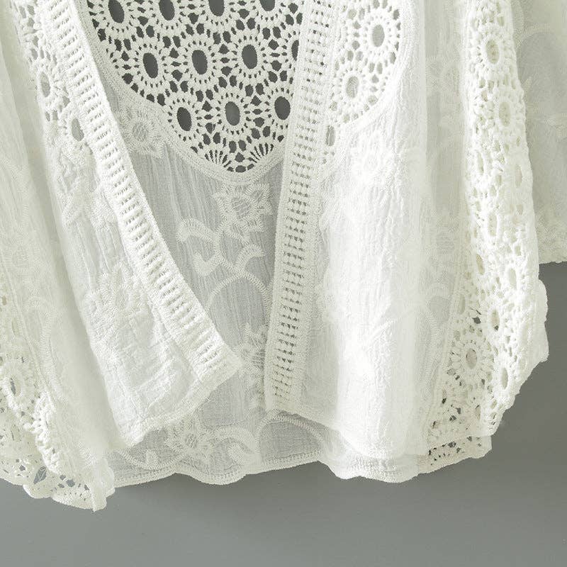 Crosa - Lace Open Front Cardigan with Batwing Sleeves: WHITE / AVERAGE