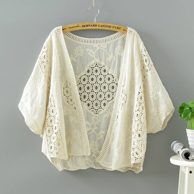 Crosa - Lace Open Front Cardigan with Batwing Sleeves: BEIGE / AVERAGE