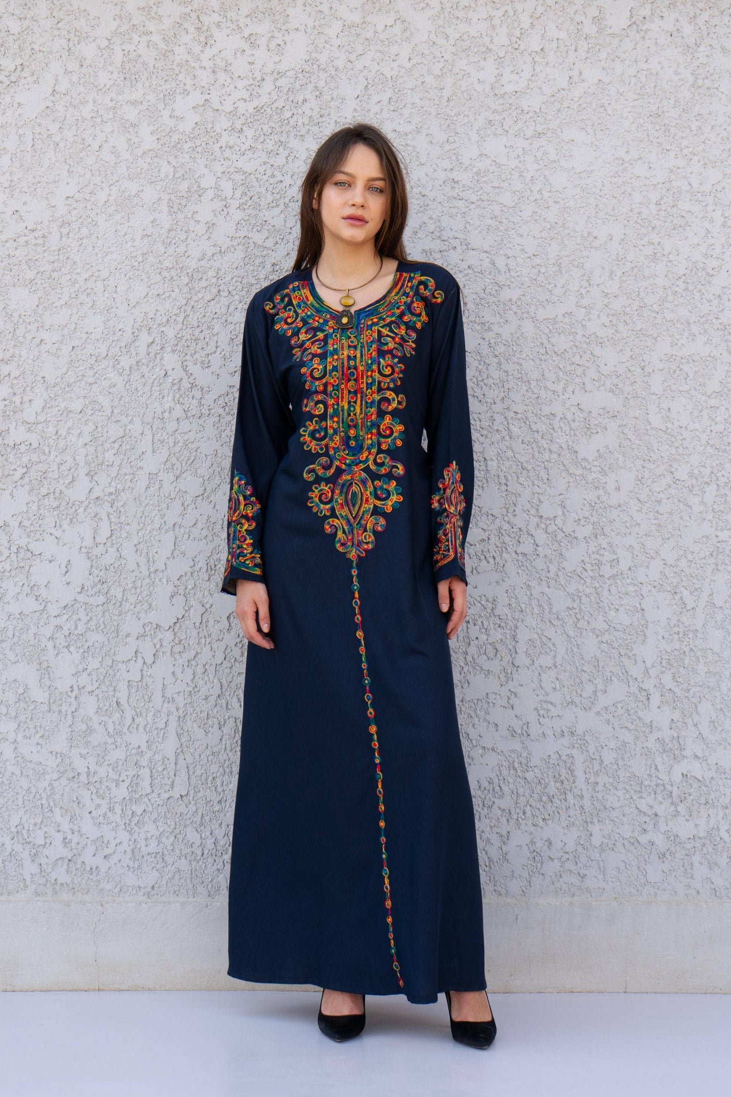 Navy Blue embroidered caftan dress, embroidered Cotton caftan, Chic embroidered caftan, Egyptian cotton caftans for women: S/M/L