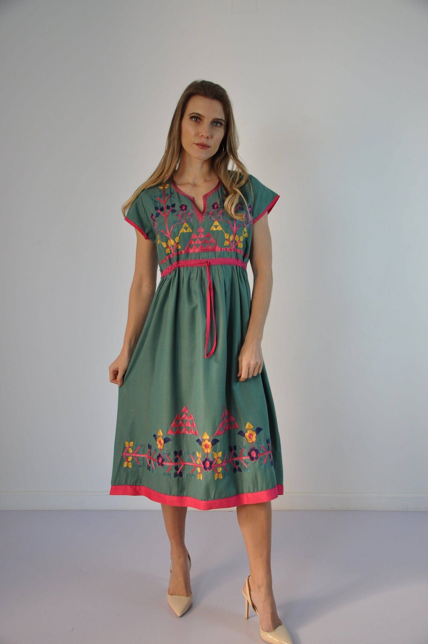 Green Cotton Tunic Embroidered Kaftan Dress