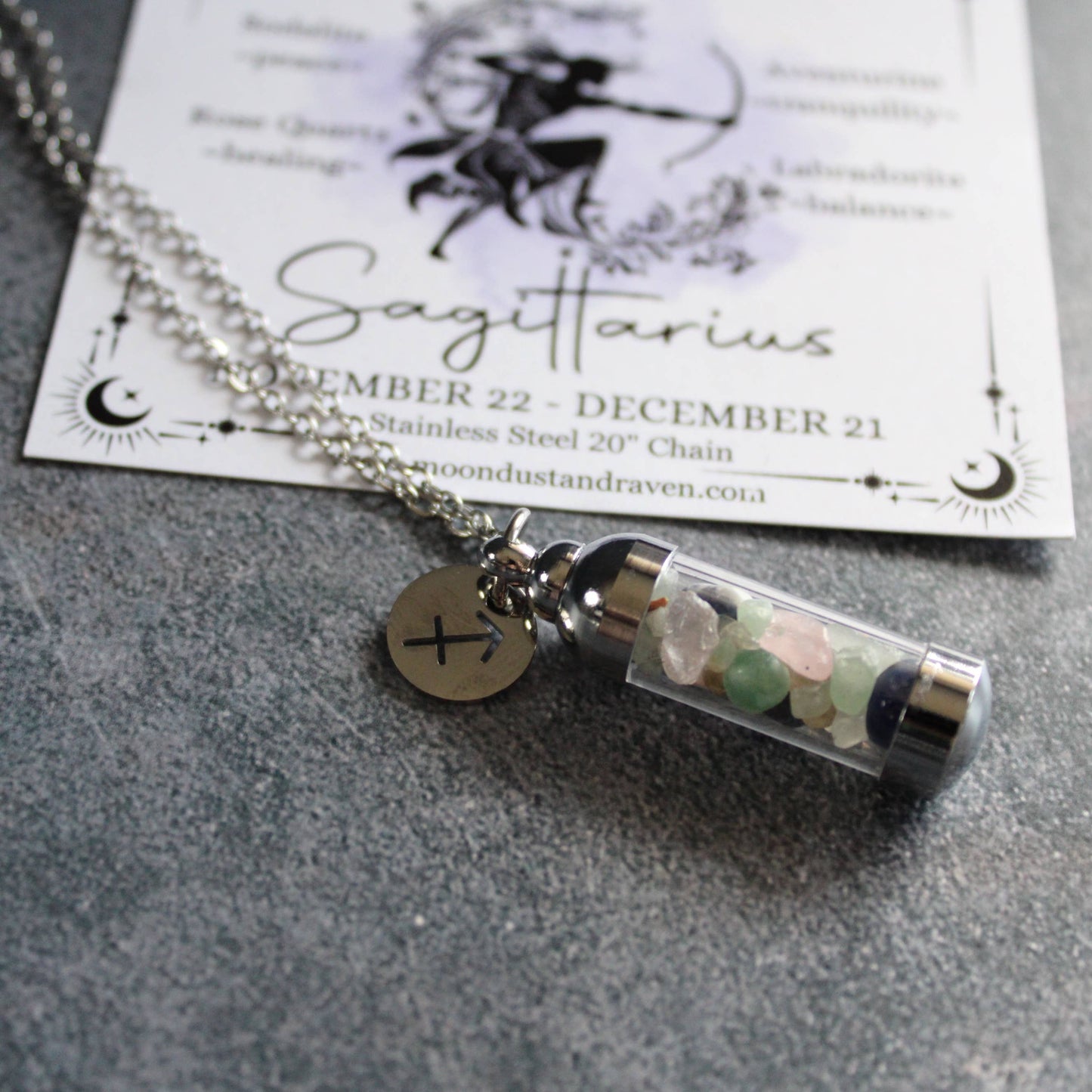 Sagittarius Crystal Vial Necklace, Zodiac Astrology Gift