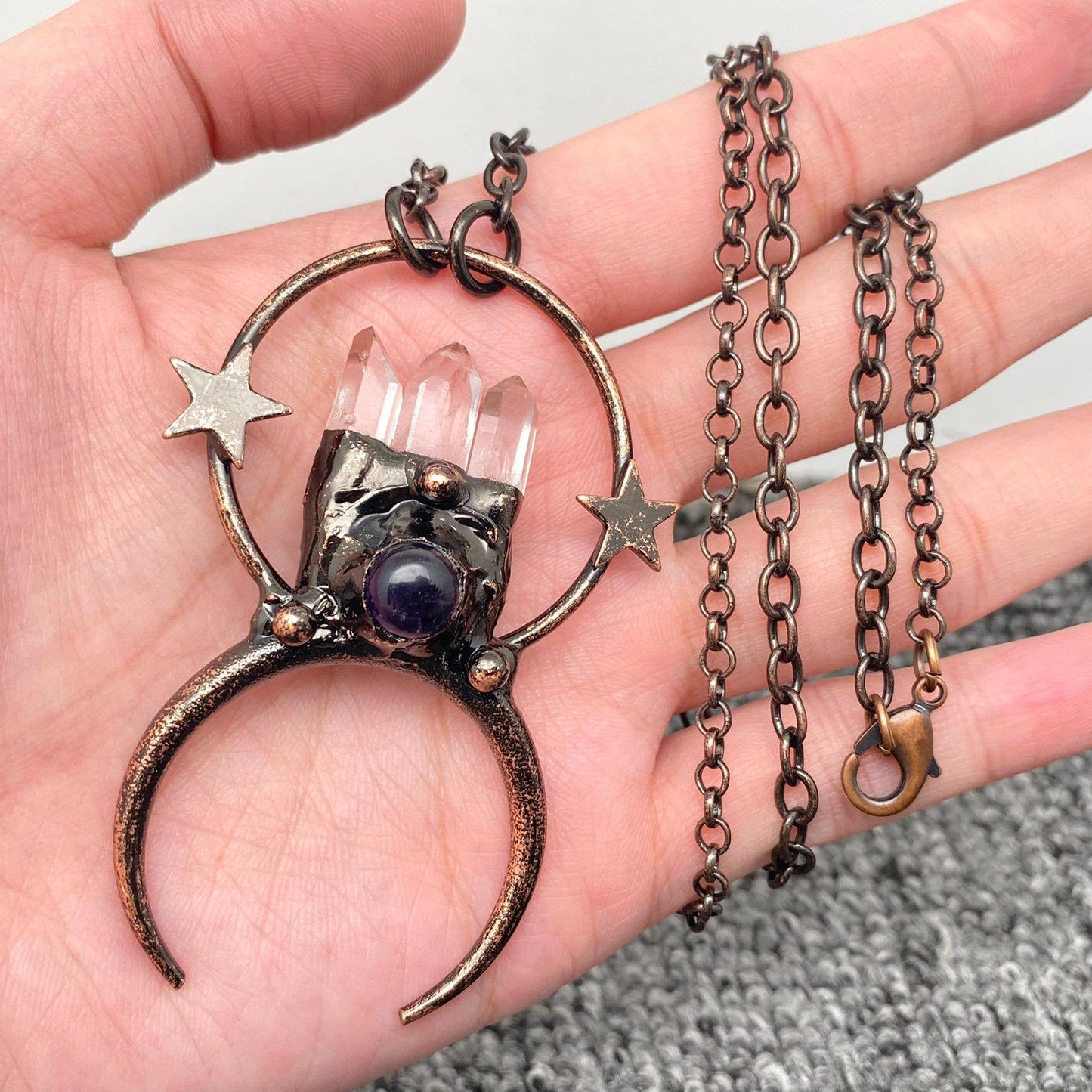 White Crystal & Amethyst Star Moon Charm Necklace