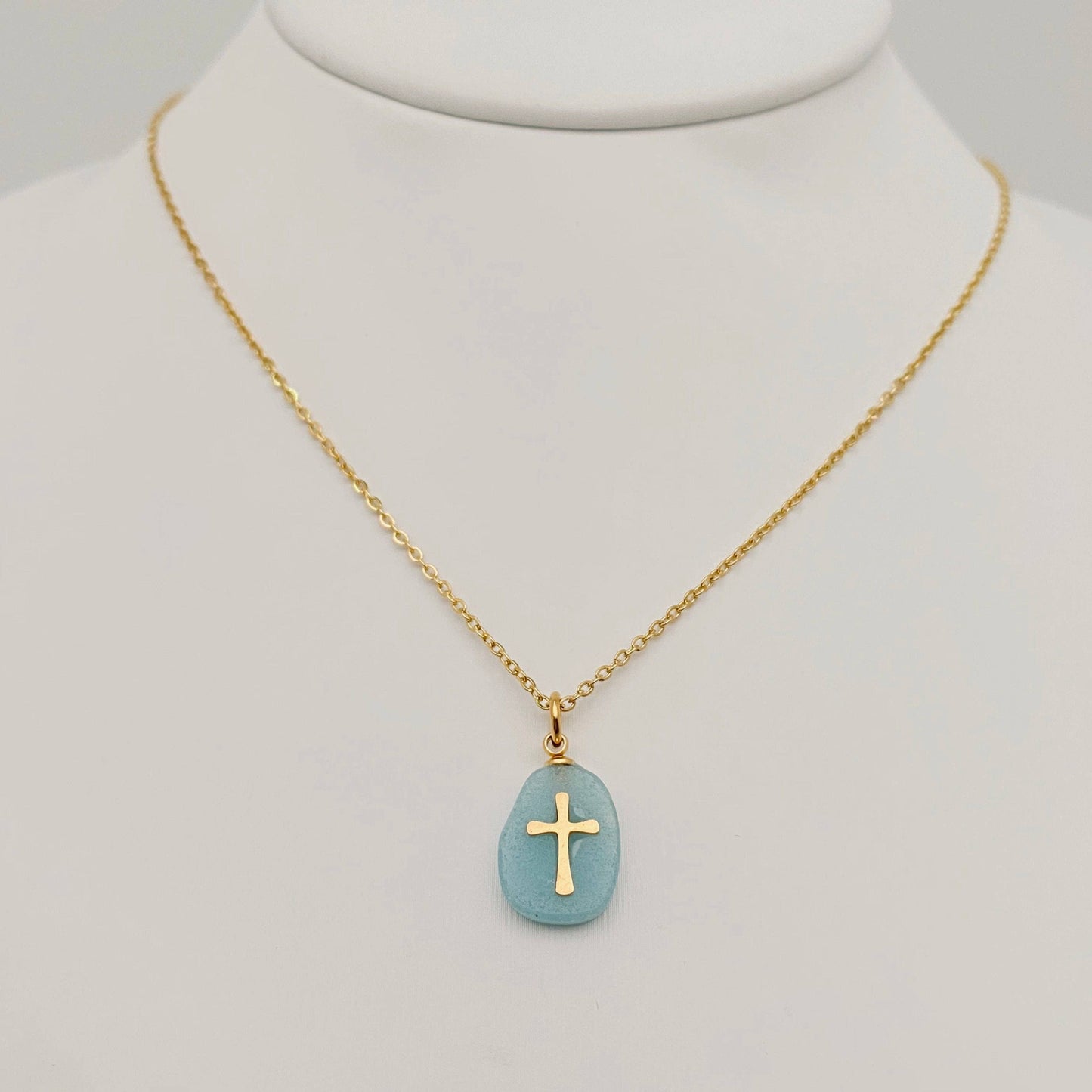 Natural Stone Stainless Steel Cross Pendant Necklace