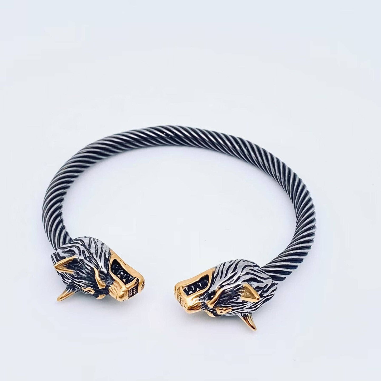 Viking Double Wolf Head Men's Stainless Steel Bangle - MJ/BC: Steel color