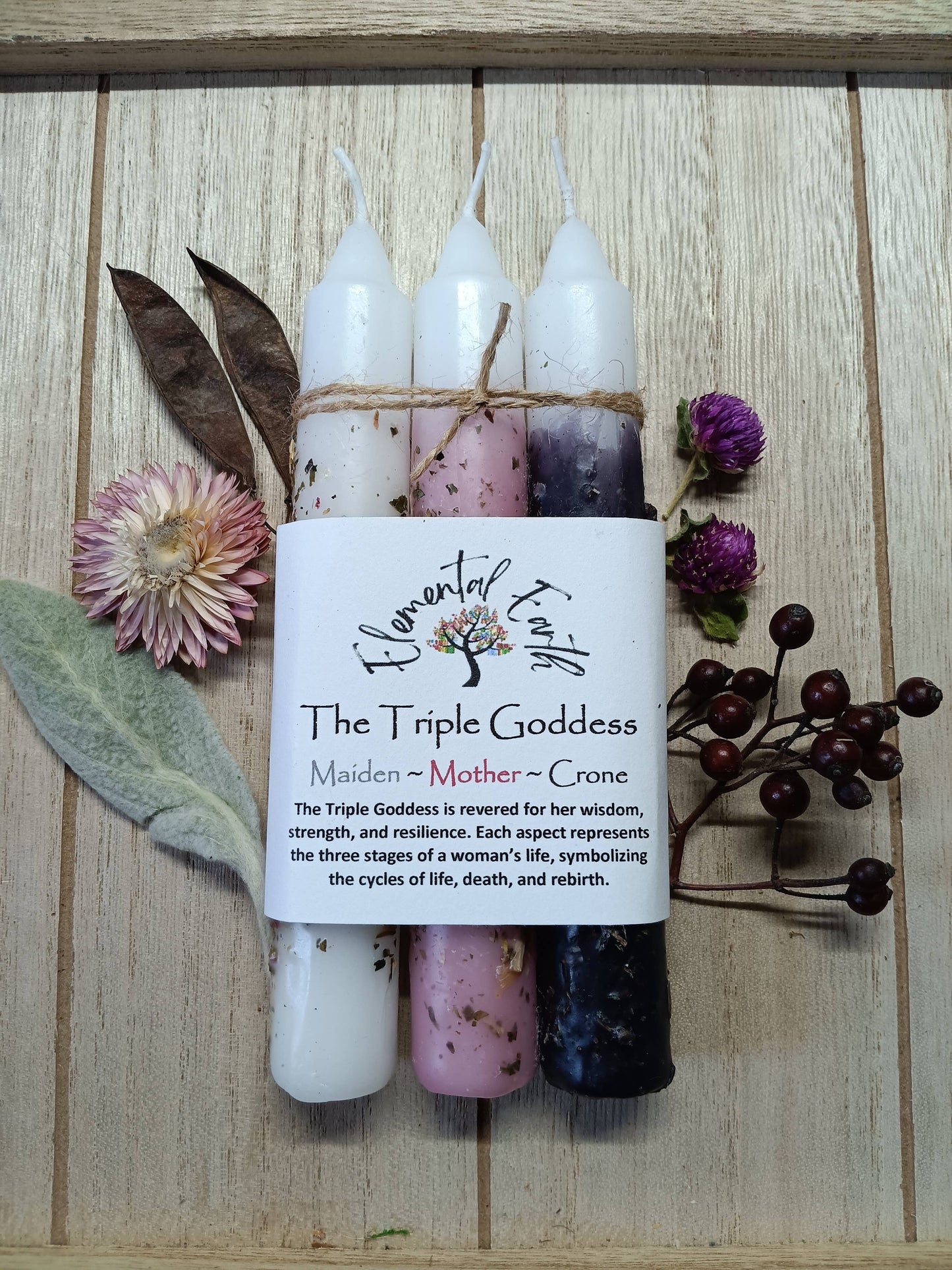 The Triple Goddess 3 candle 6 inch taper set