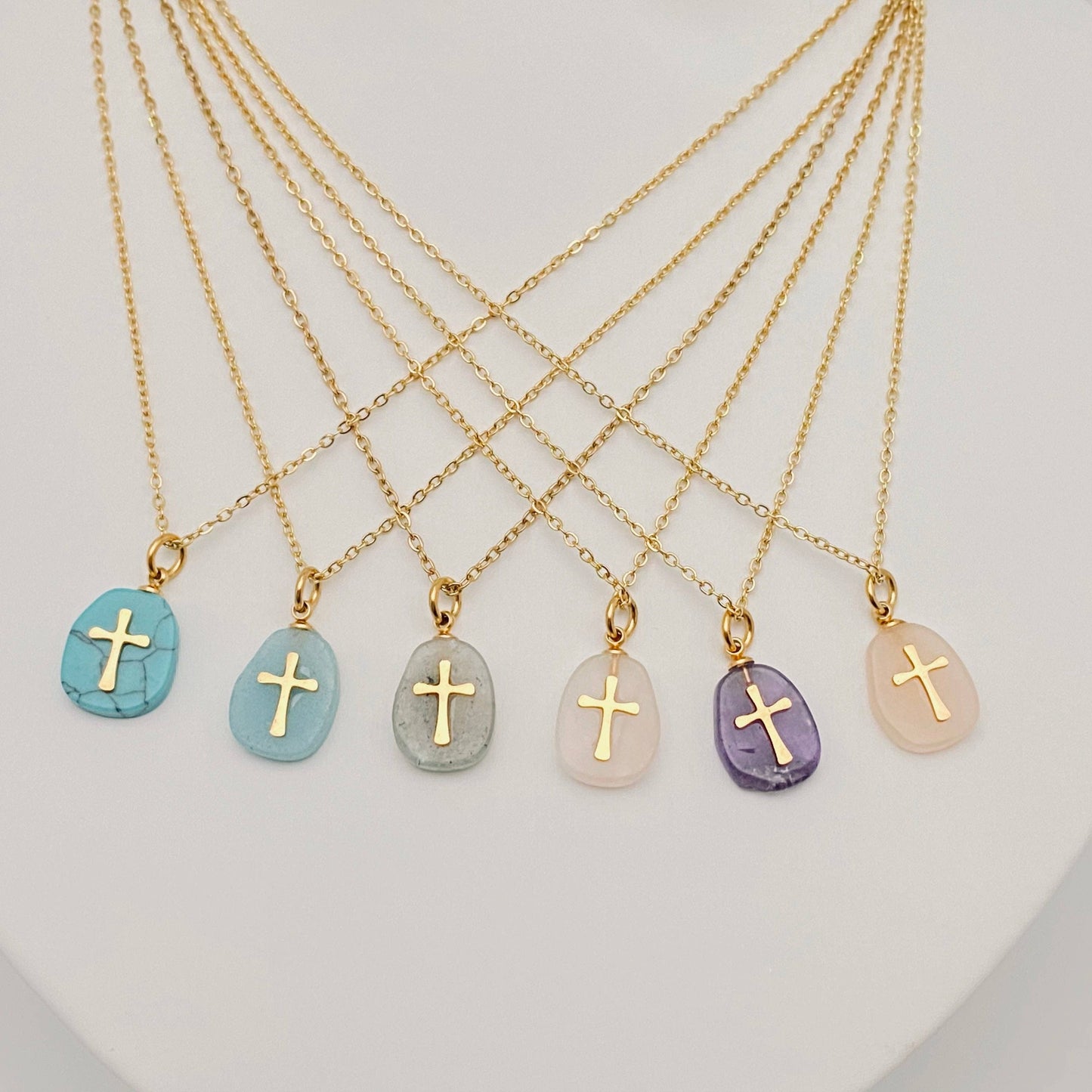 Natural Stone Stainless Steel Cross Pendant Necklace