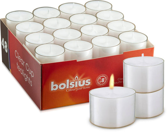 8 Hour White Tea Lights In Clear Cup Set Of 48 Tealights: White