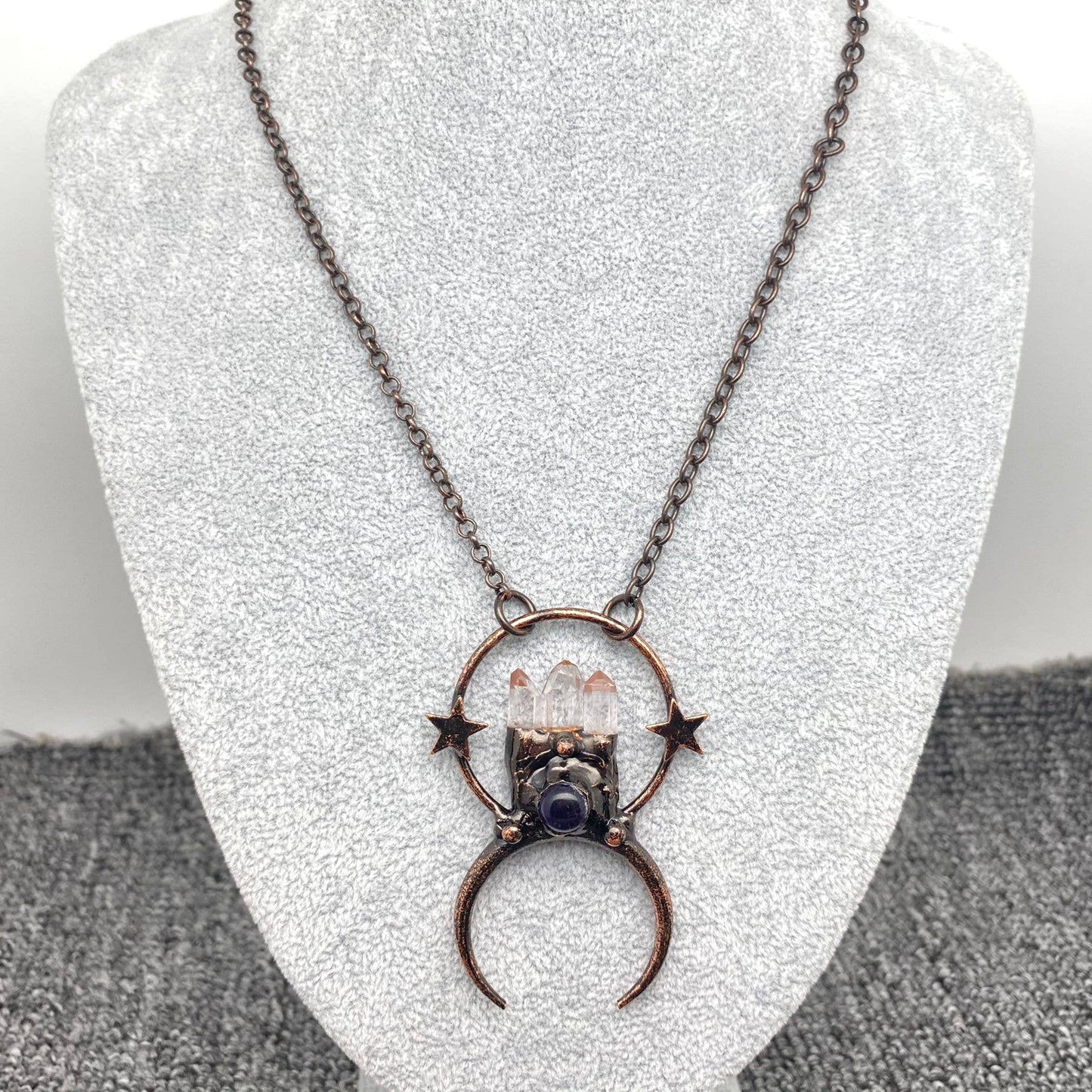 White Crystal & Amethyst Star Moon Charm Necklace