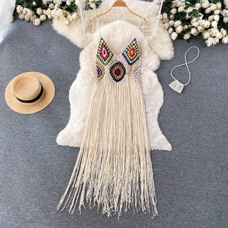 Crochet Tassel Midi Dress: WHITE / AVERAGE