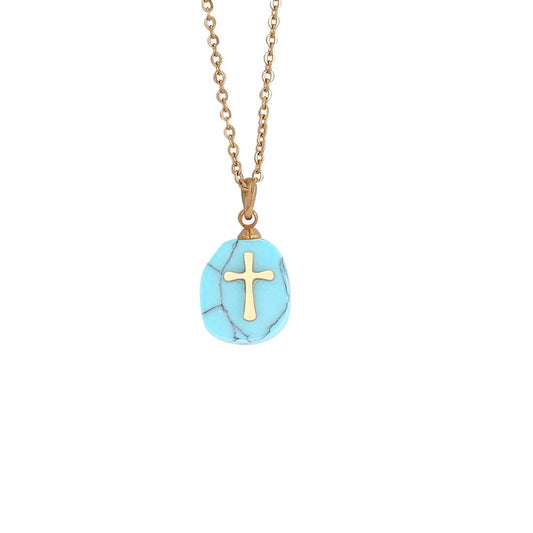 Natural Stone Stainless Steel Cross Pendant Necklace