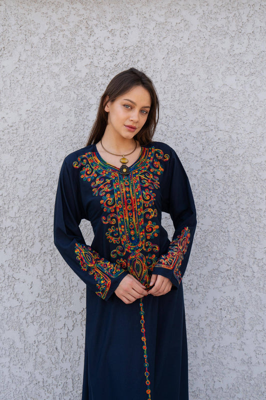 Navy Blue embroidered caftan dress, embroidered Cotton caftan, Chic embroidered caftan, Egyptian cotton caftans for women: S/M/L