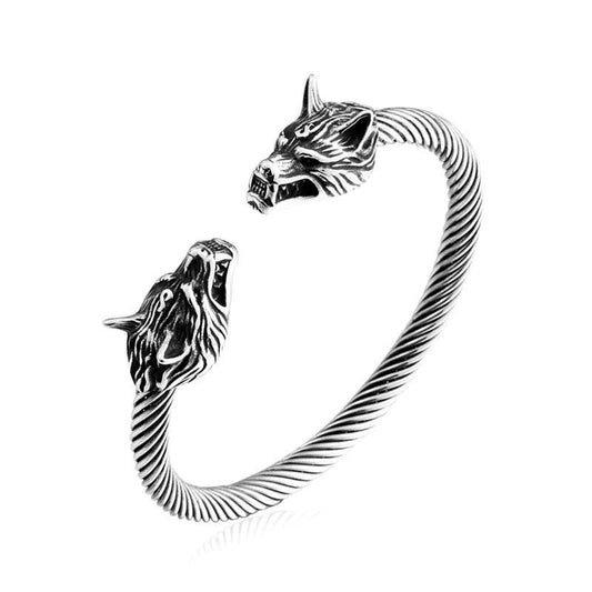 Viking Double Wolf Head Men's Stainless Steel Bangle - MJ/BC: Steel color