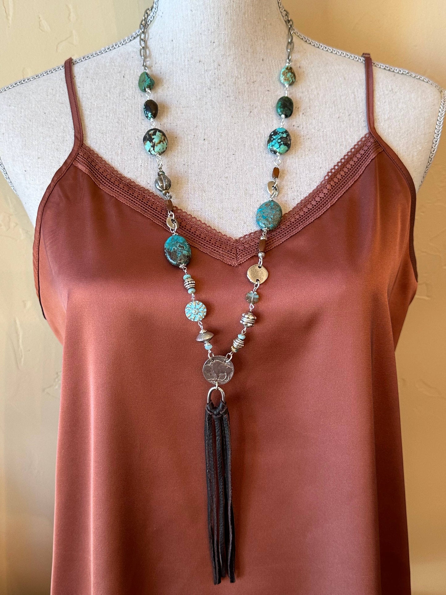 Pueblo Sequence Buffalo Nickel, Leather Tassel Necklace: Chocolate Brown