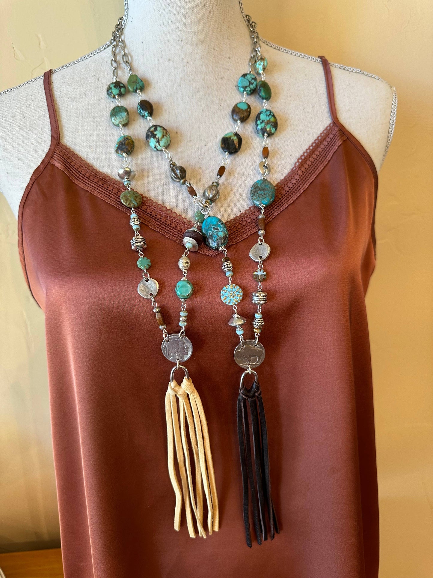 Pueblo Sequence Buffalo Nickel, Leather Tassel Necklace: Chocolate Brown