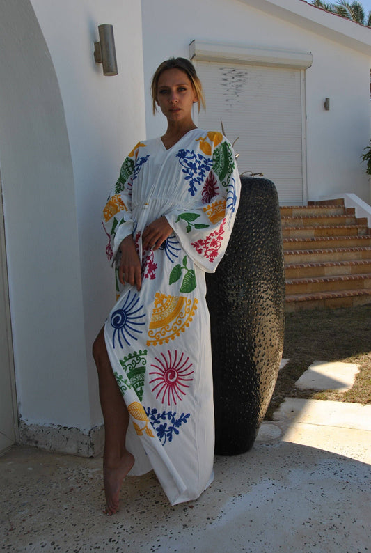 Colorful White Embroidered Ocean Caftan