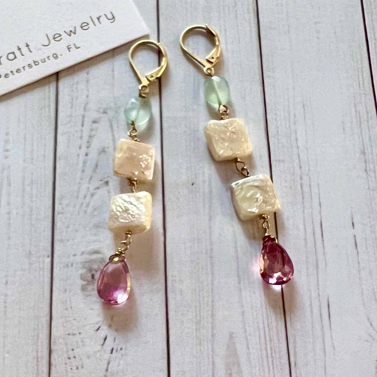Showgirl pearl and gemstone dangle earrings