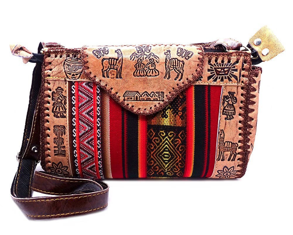 Large Tribal Peruvian Leather Material Crossbody Purse Bag