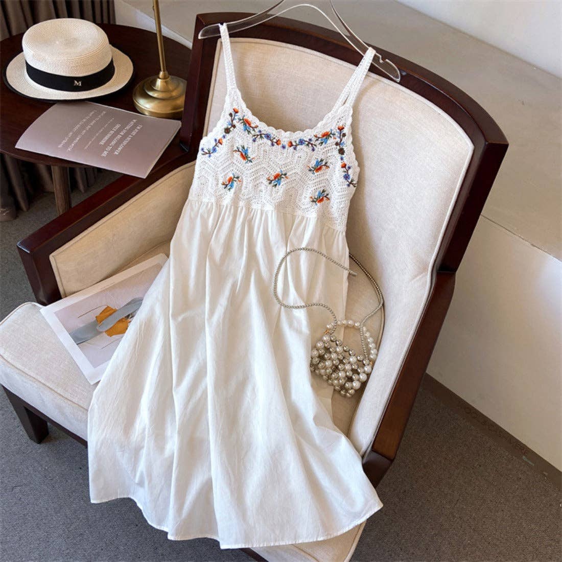 Crosa - Bohemian Style Midi Dress: WHITE / AVERAGE