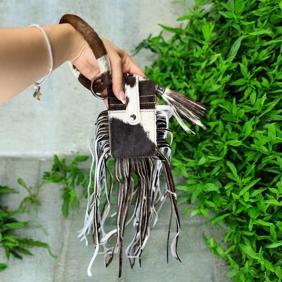 Brown cowhide fringe card holder wristlet 