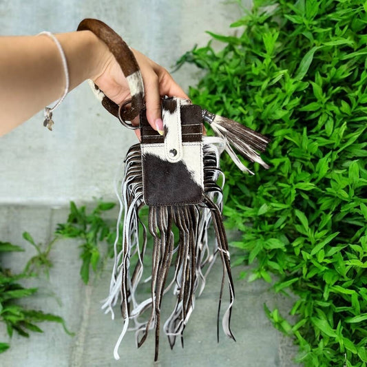 Brown cowhide fringe card holder wristlet 