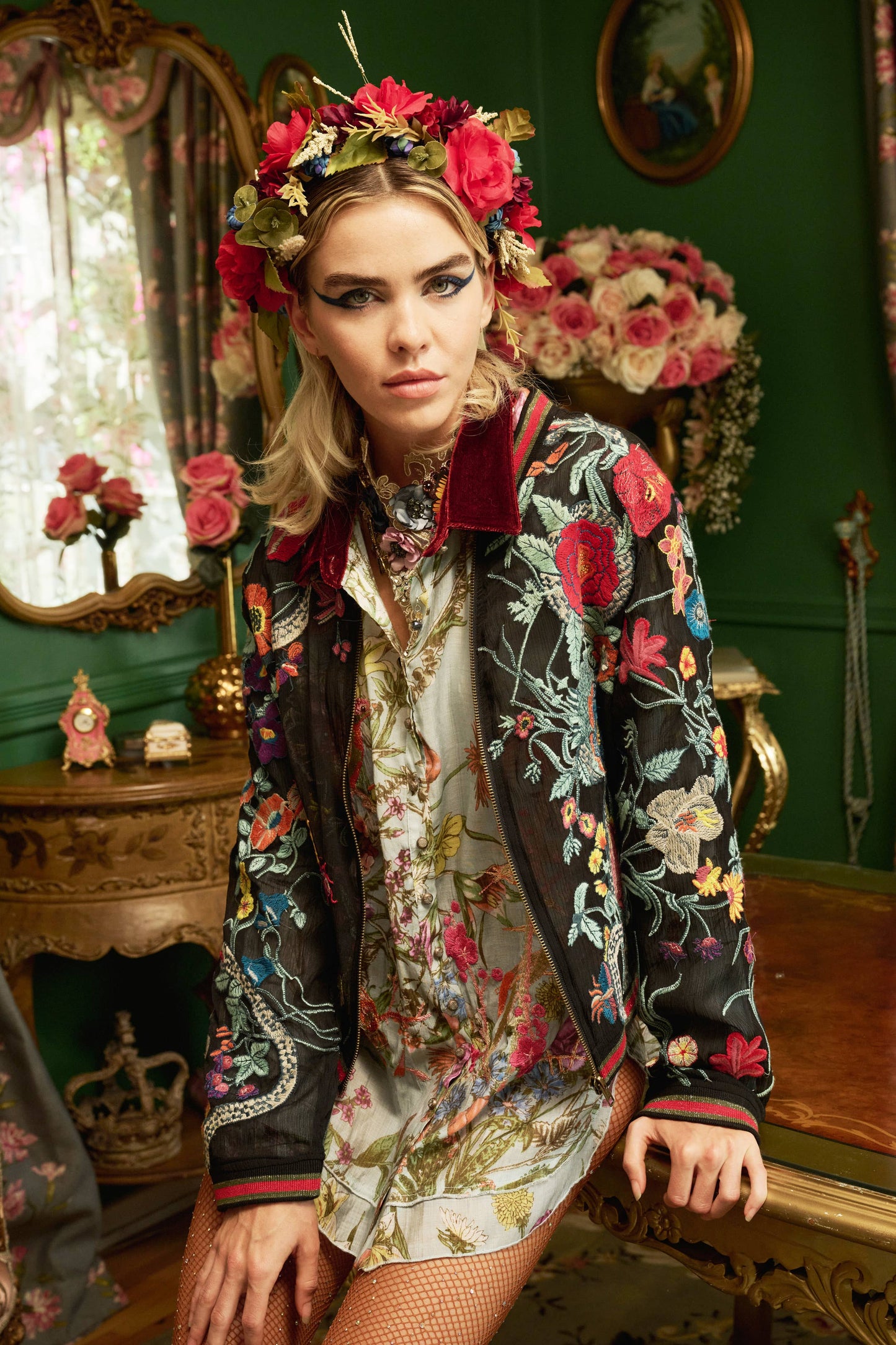 Bellezza Embroidered Bomber Jacket: Black Floral / S