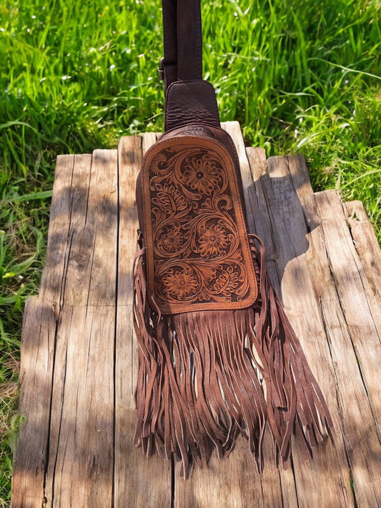Brown Tooled Leather Fringe Sling Bag 