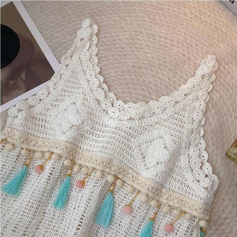 Vintage Fringe Hollow-Out Sleeveless Knit Vest: BEIGE / AVERAGE