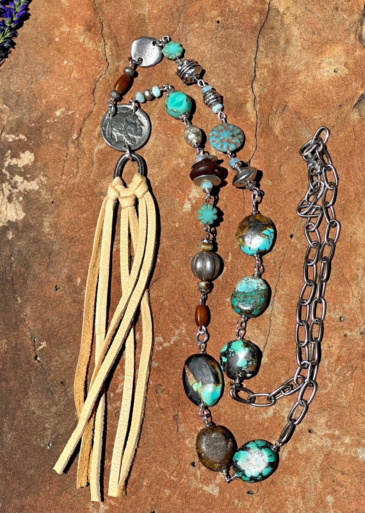 Pueblo Sequence Buffalo Nickel, Leather Tassel Necklace: Chocolate Brown