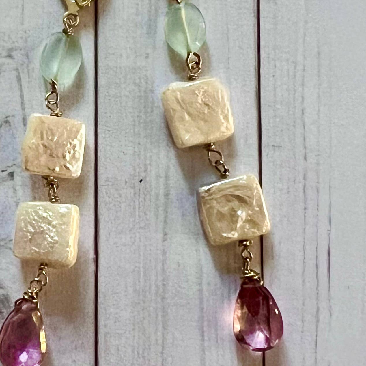 Showgirl pearl and gemstone dangle earrings