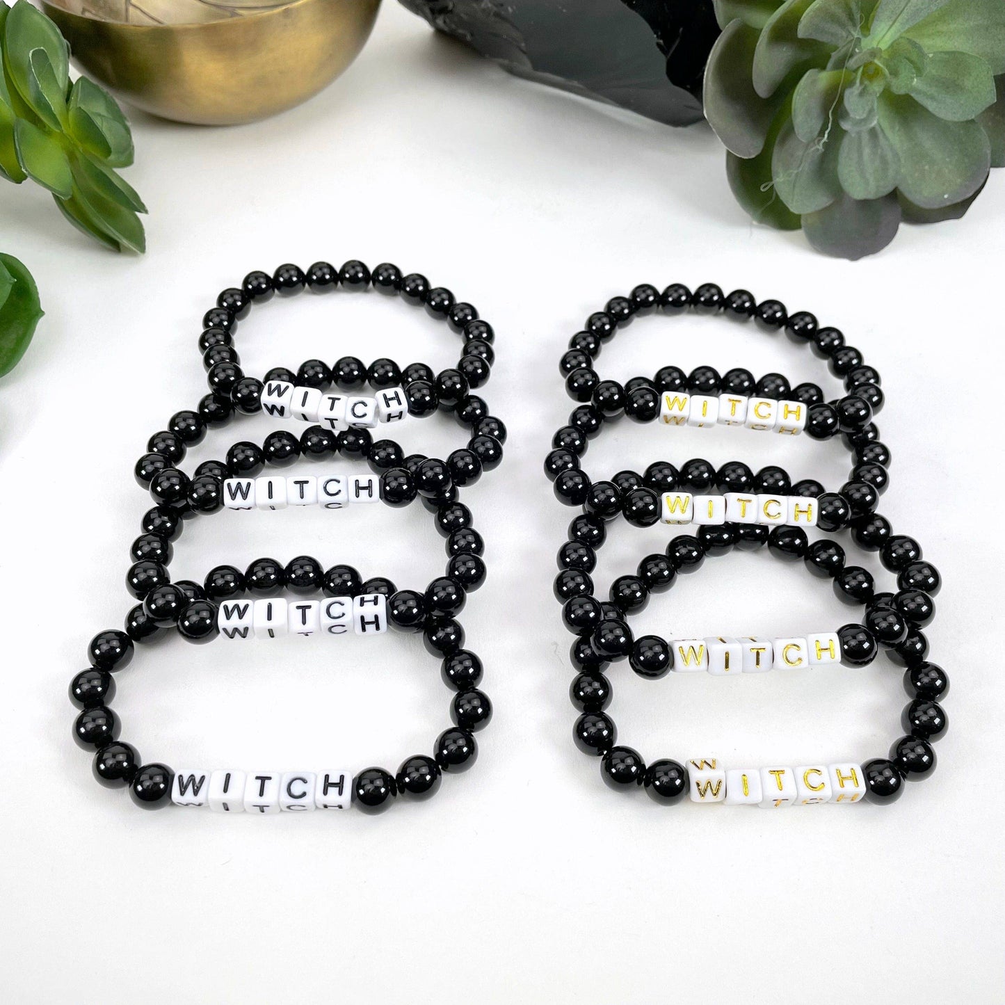 Black Obsidian Beaded Bracelet with "WITCH" Letter Beads - B: C- Black Bead Gold Lettering