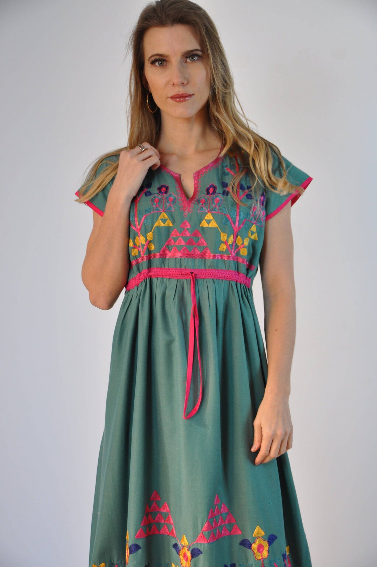 Green Cotton Tunic Embroidered Kaftan Dress