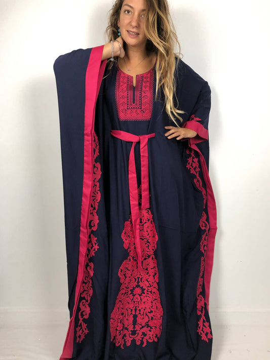 Elegant Navy Blue Butterfly Embroidered Plus Size Kaftan