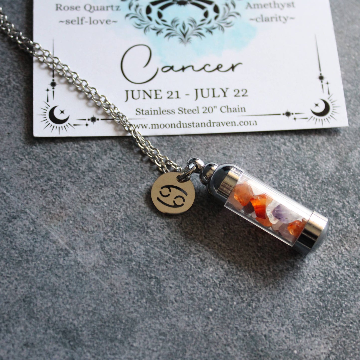 Cancer Crystal Vial Necklace, Zodiac Astrology Witchy Gift