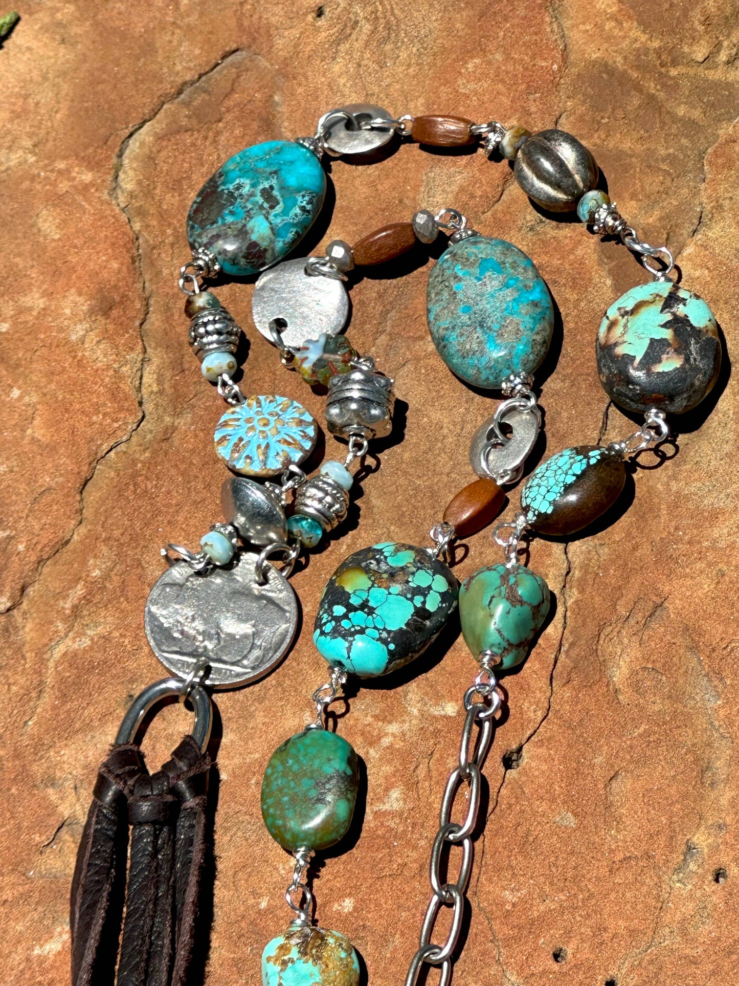 Pueblo Sequence Buffalo Nickel, Leather Tassel Necklace: Chocolate Brown