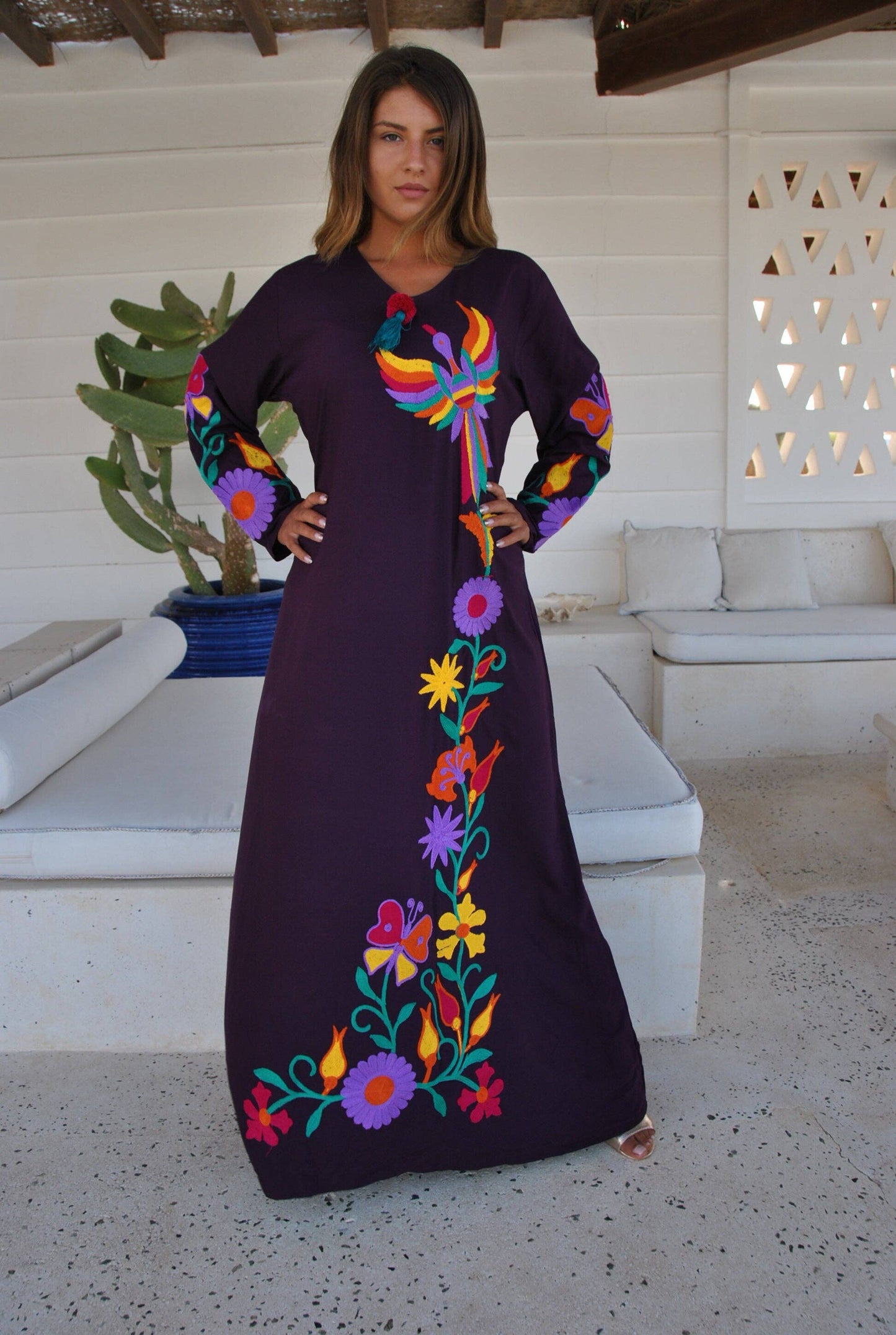 Purple peacock embroidered Caftan, caftans for women, embroidered Caftan dress, Caftan maxi dress, Caftans for women, cotton Caftans: M