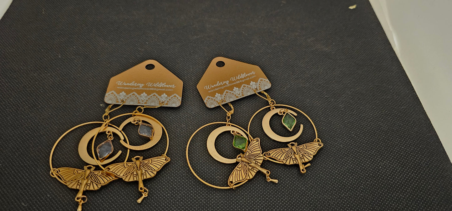 Moth with Emerald or Crystal Earring- Dangles