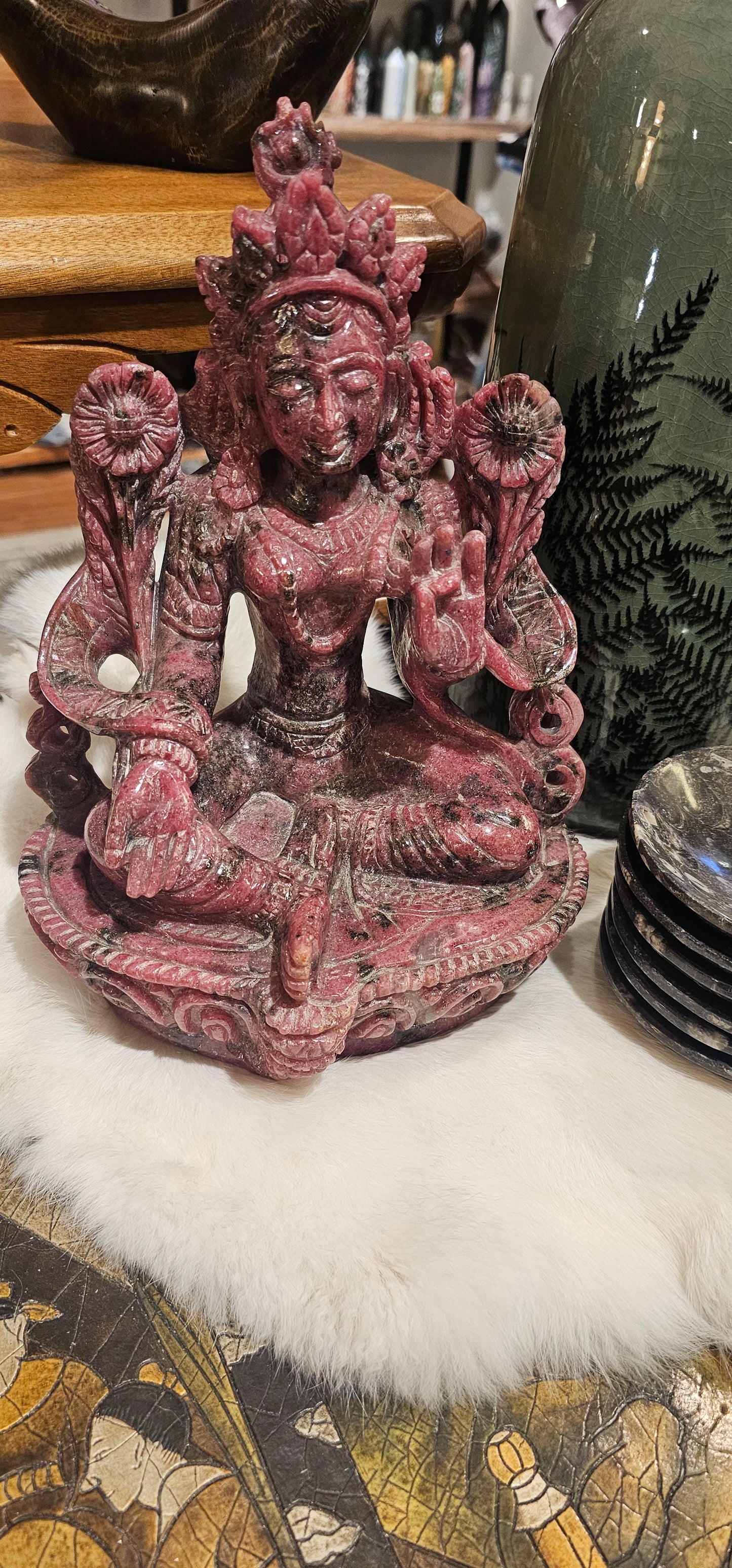 Rhodonite Tara Statue Carving