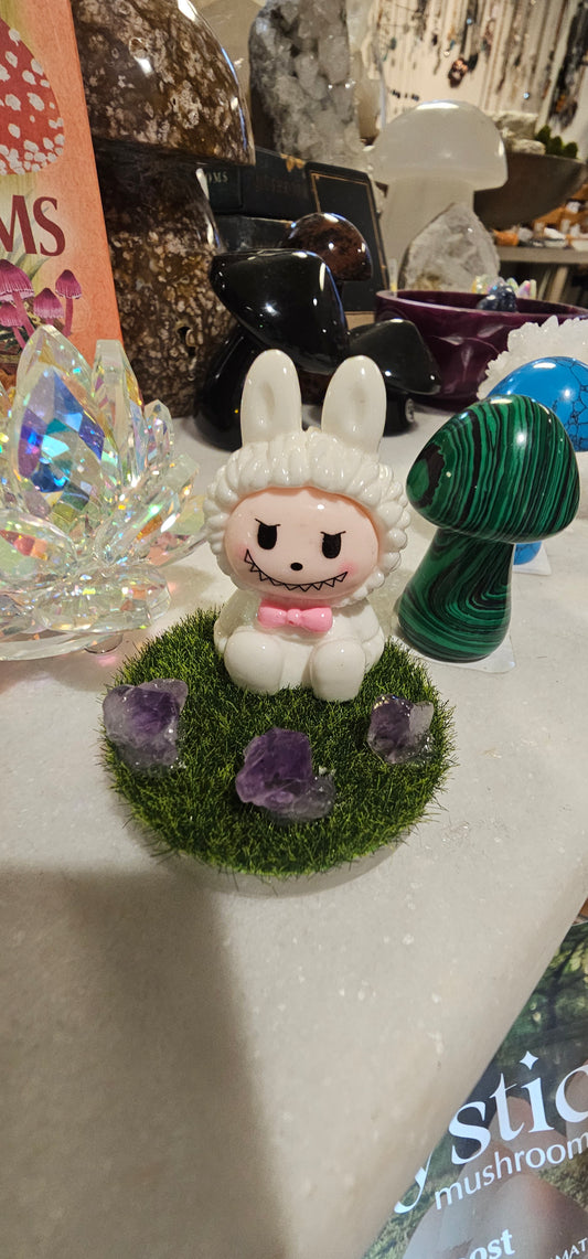 Labubu display with grass and crystals-various