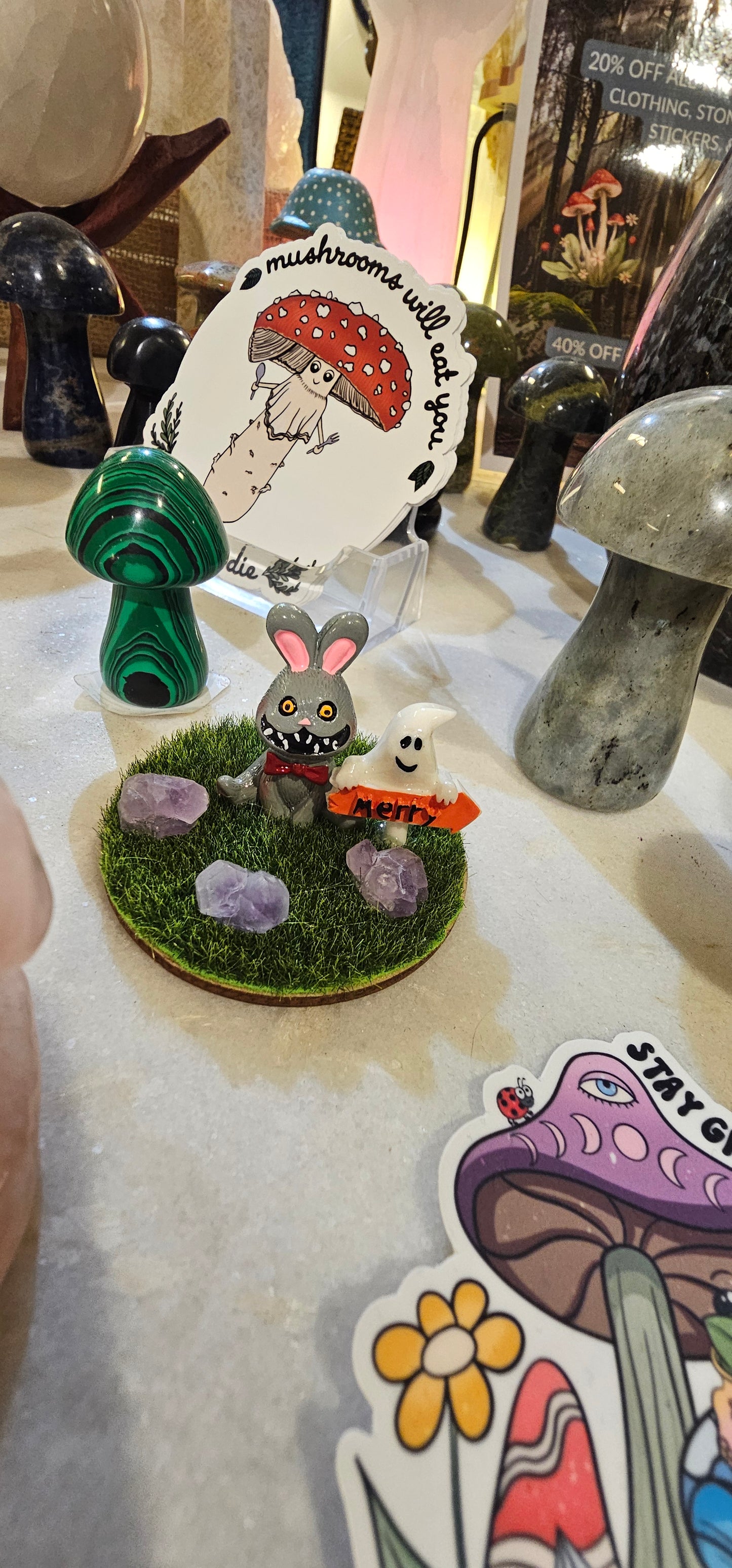 Labubu display with grass and crystals-various