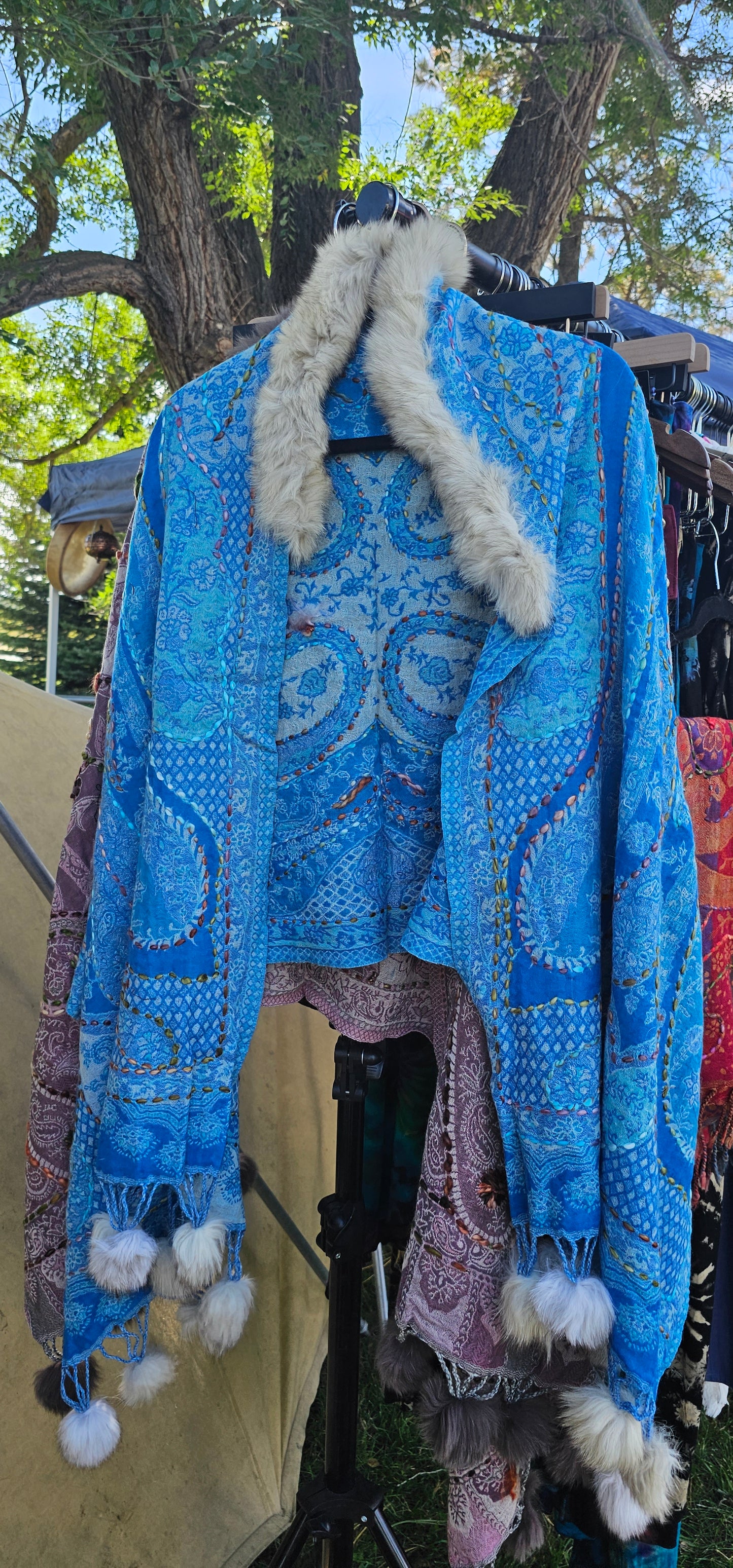 Shawls- Various-Tibet- With Fur around neck w/ pom poms on bottom