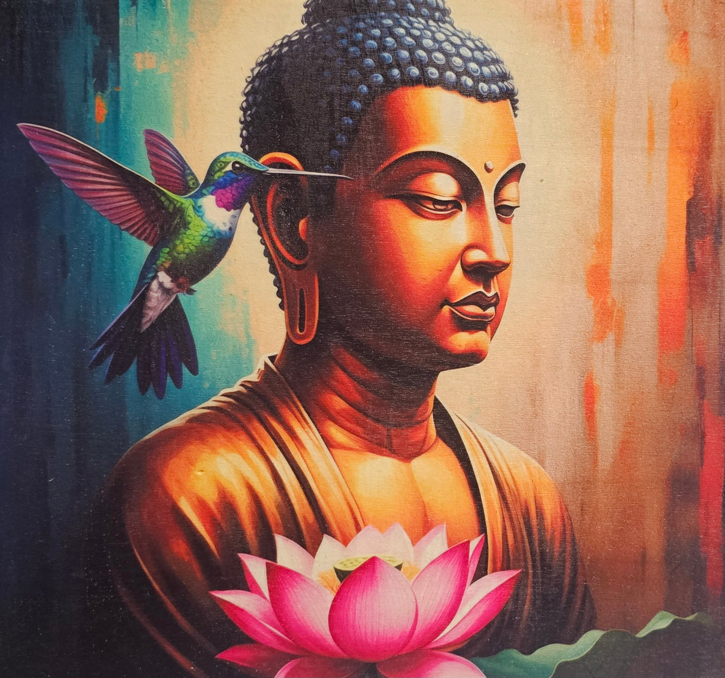 Buddha Painting with Hummingbird- wood frame 10X10
