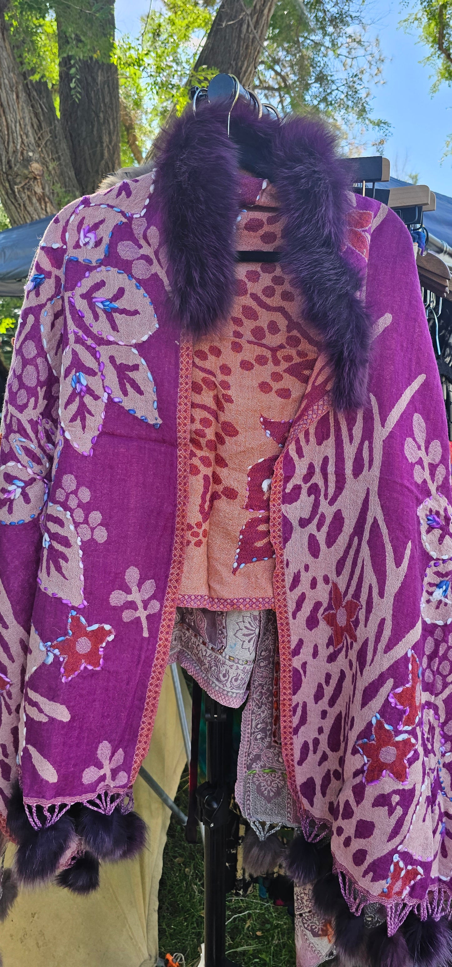 Shawls- Various-Tibet- With Fur around neck w/ pom poms on bottom