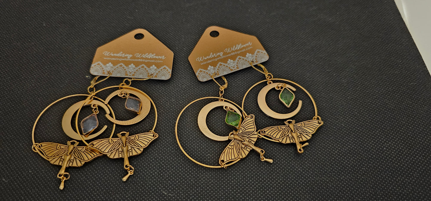 Moth with Emerald or Crystal Earring- Dangles