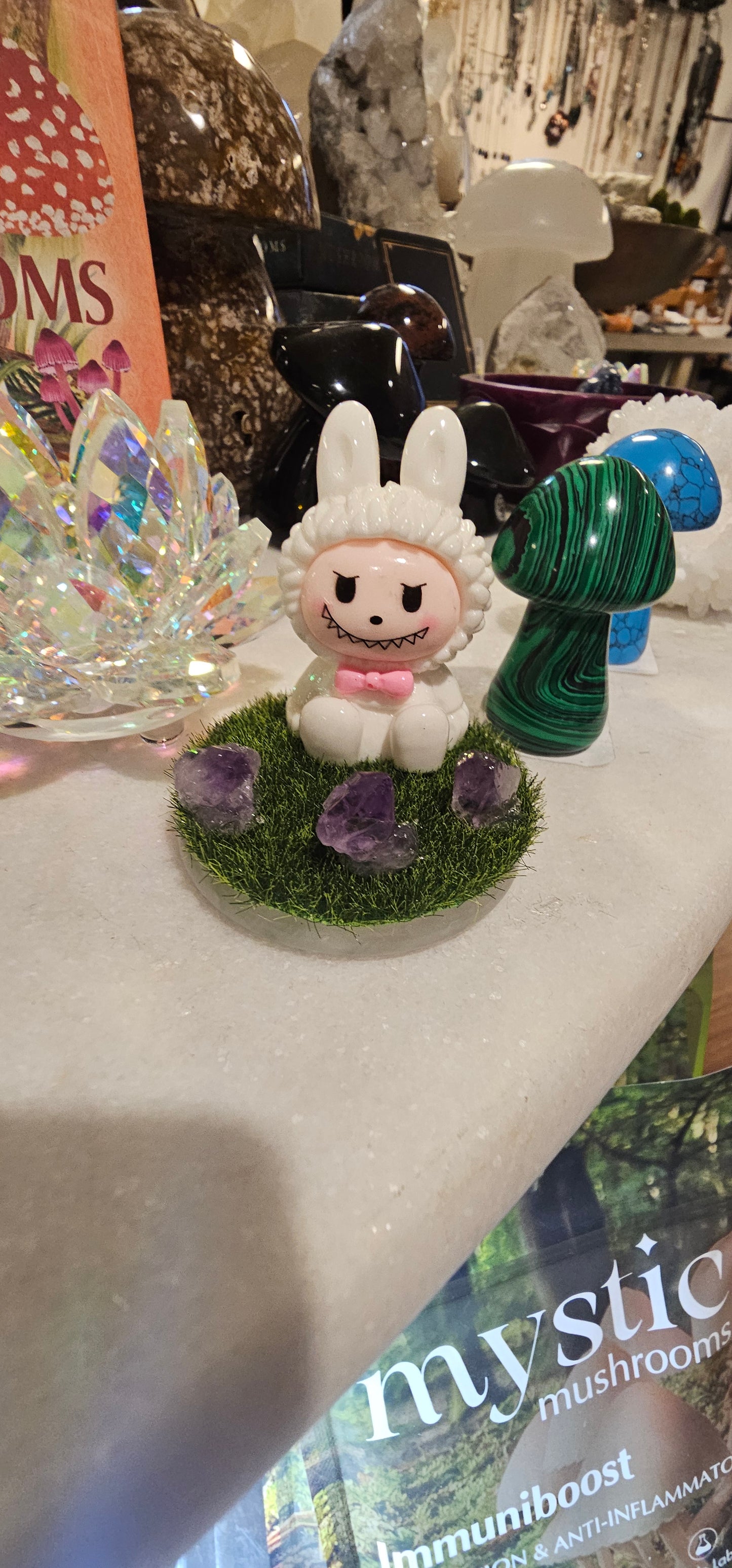 Labubu display with grass and crystals-various